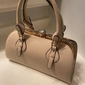 Beige Clasp Clutch with gem snap! Adjustable strap included!